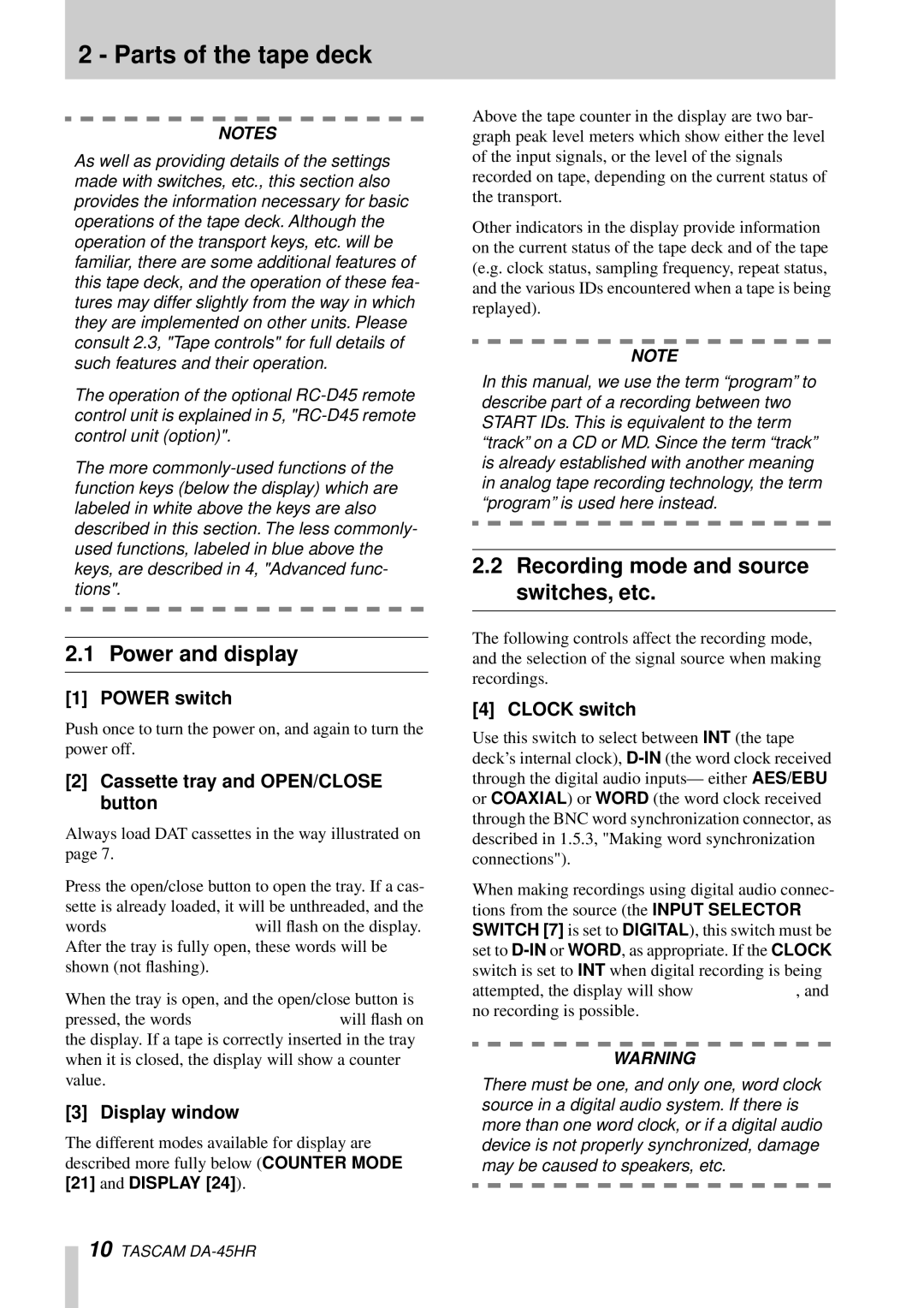 Tascam DA-45HR owner manual Parts of the tape deck, Power and display, Recording mode and source switches, etc 