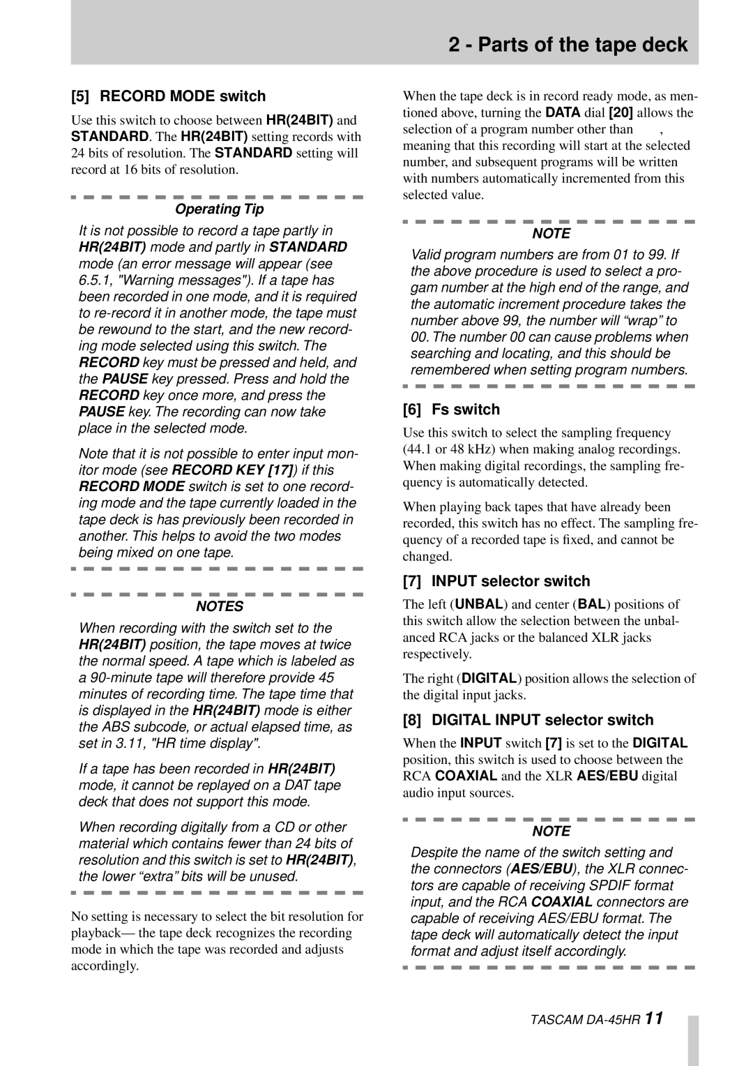 Tascam DA-45HR owner manual Record Mode switch, Fs switch, Digital Input selector switch 