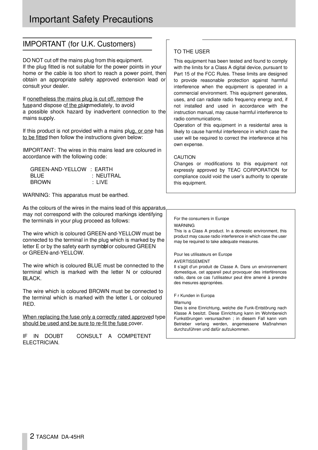 Tascam DA-45HR owner manual Important Safety Precautions, Important for U.K. Customers 