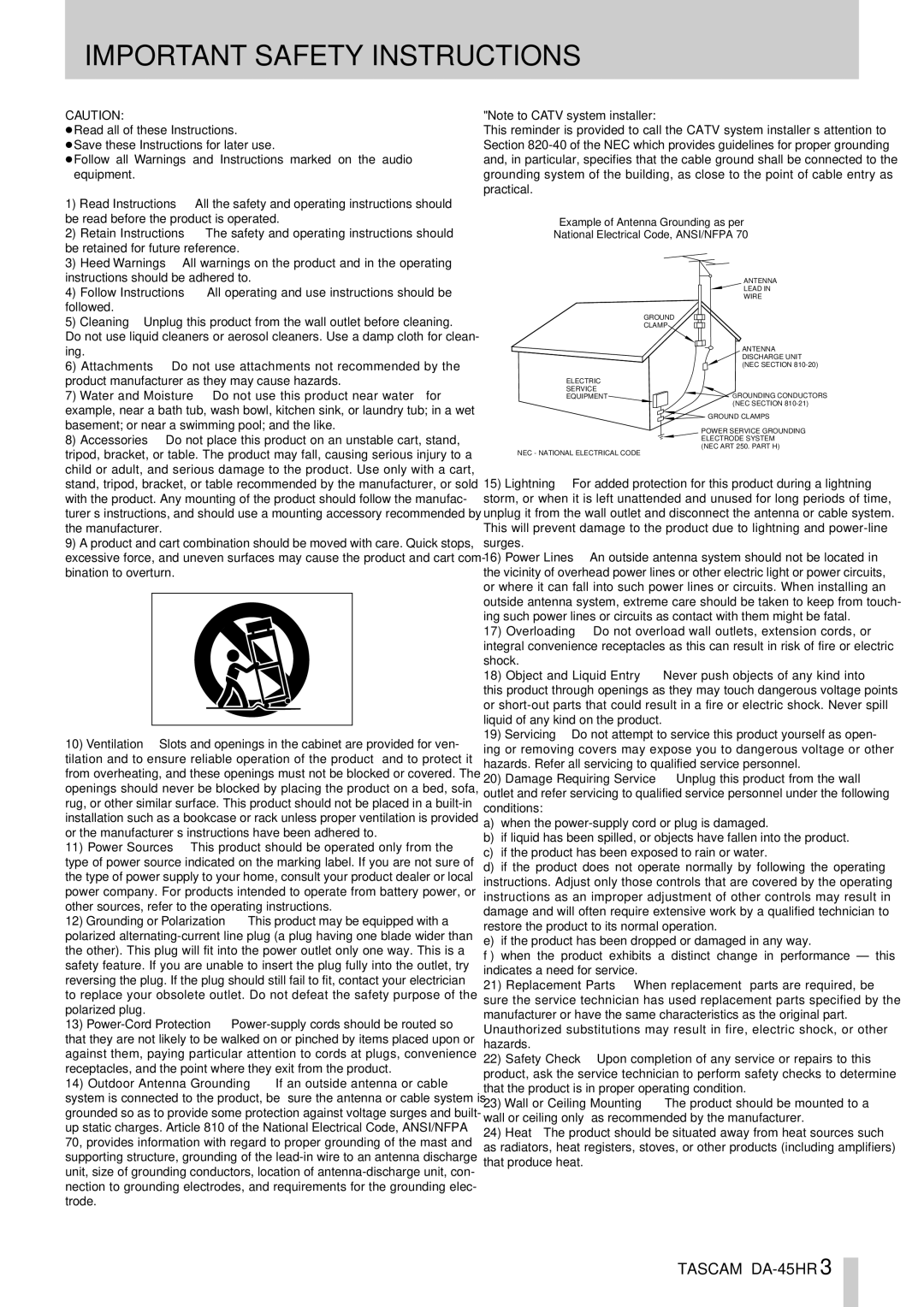 Tascam DA-45HR owner manual Important Safety Instructions 