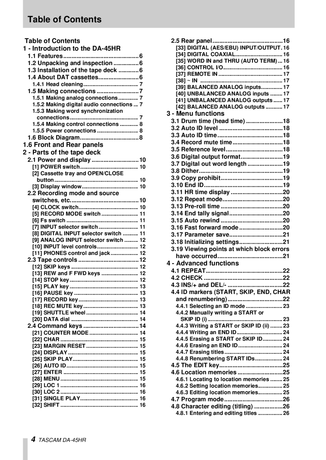 Tascam DA-45HR owner manual Table of Contents 