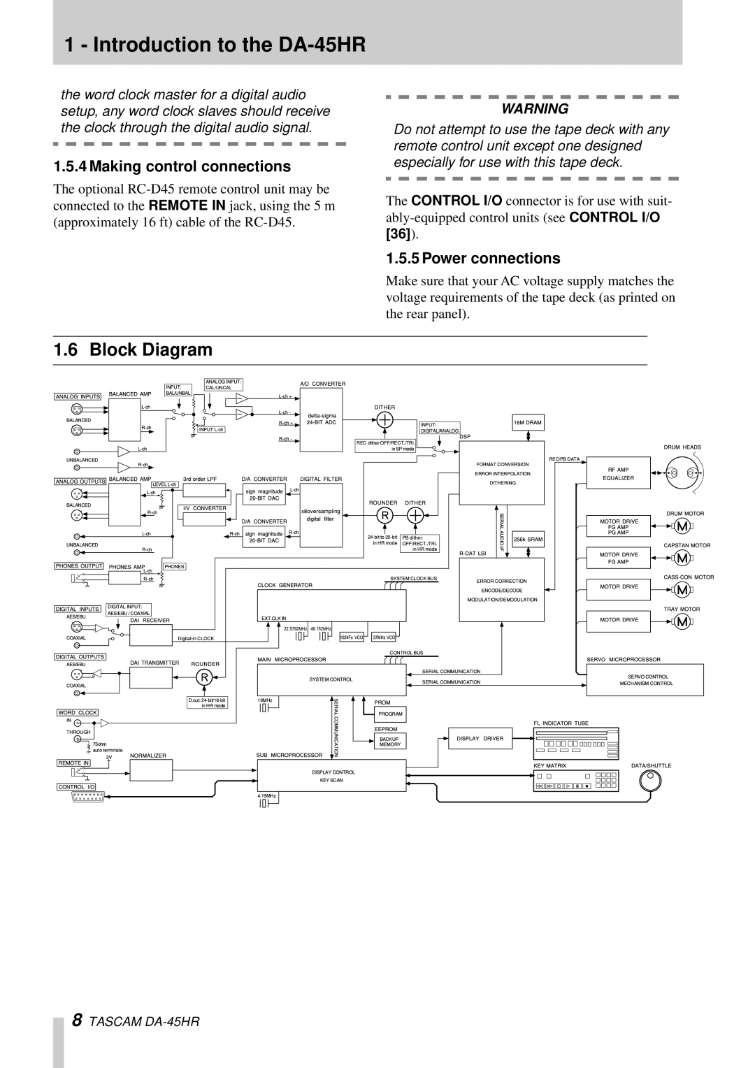 Tascam DA-45HR owner manual Block Diagram, Making control connections, Power connections 