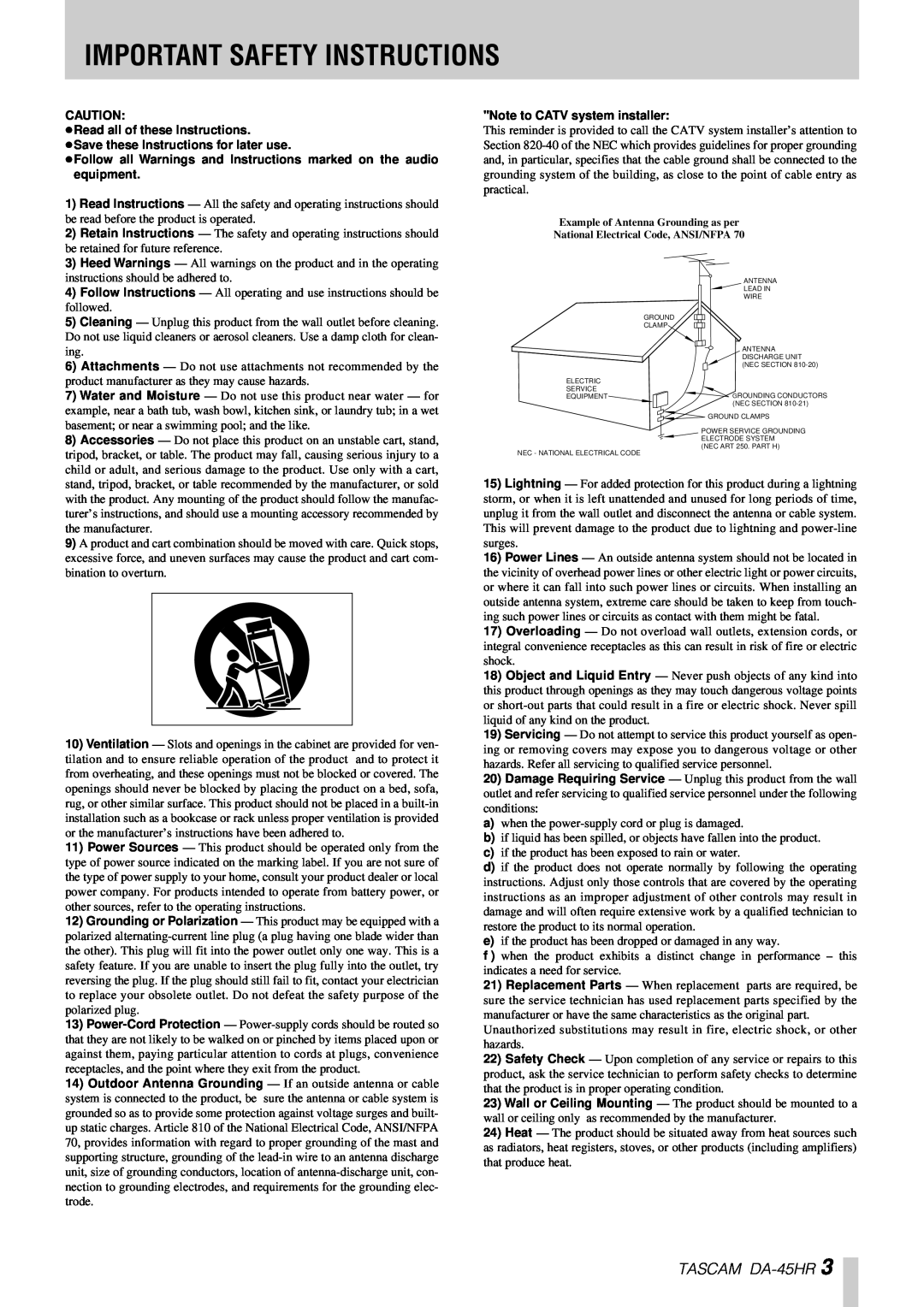 Tascam Important Safety Instructions, TASCAM DA-45HR, …Read all of these Instructions, Note to CATV system installer 