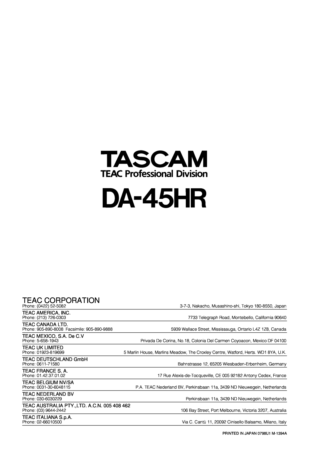 Tascam DA-45HR owner manual Teac Corporation 
