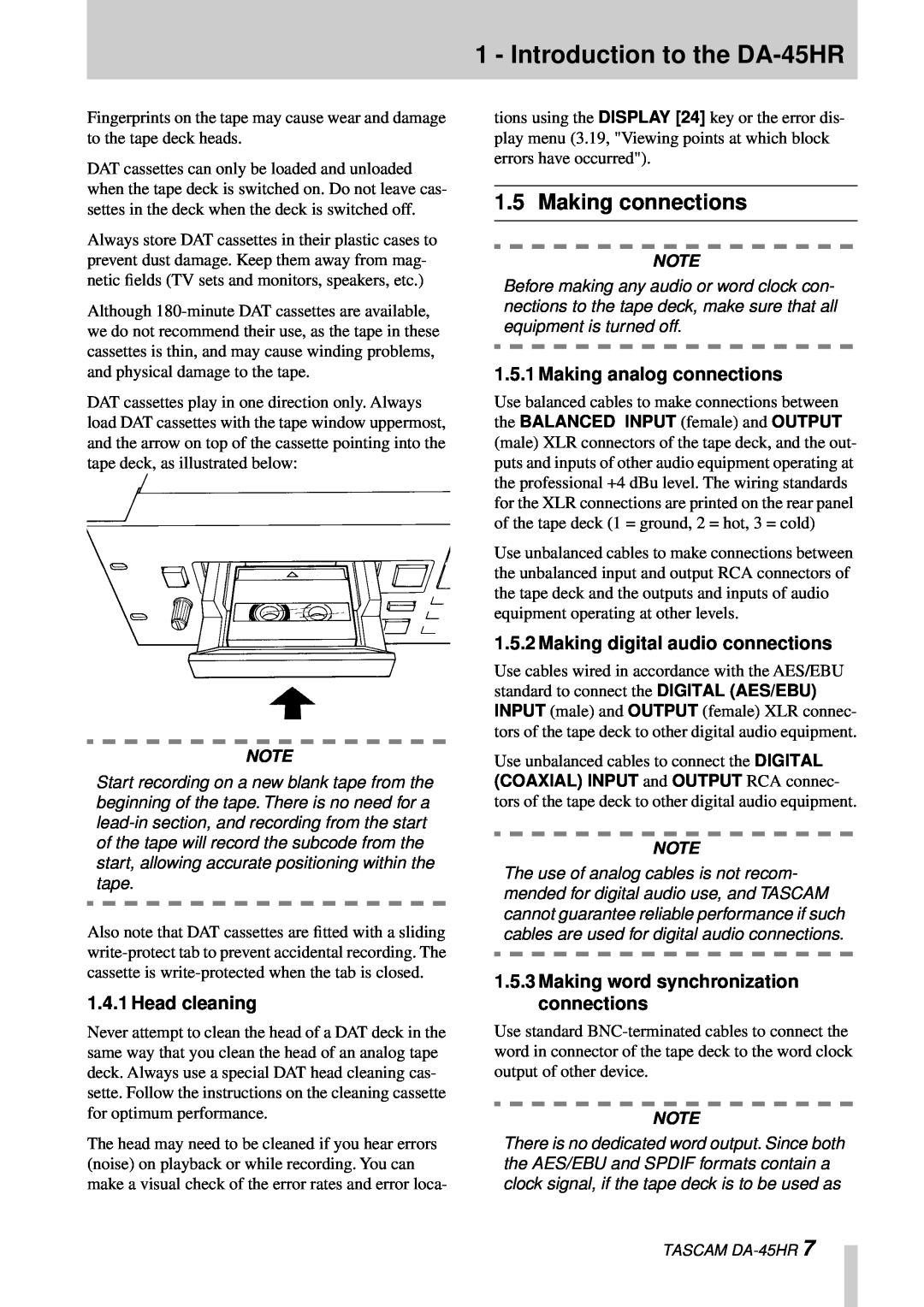 Tascam DA-45HR owner manual Making connections, Head cleaning, Making analog connections, Making digital audio connections 