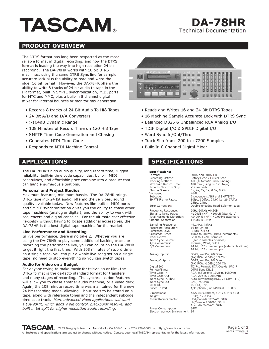 Tascam DA-78HR specifications Product Overview, Applications Specifications, Personal and Project Studios 