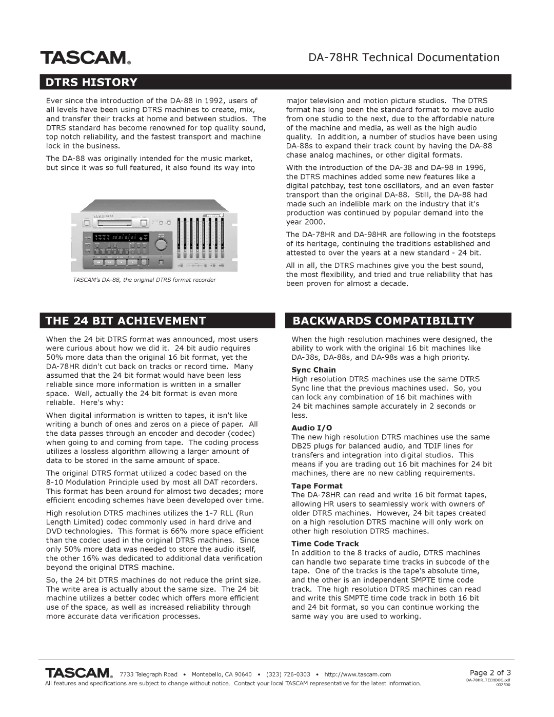 Tascam DA-78HR specifications Dtrs History, BIT Achievement, Backwards Compatibility 