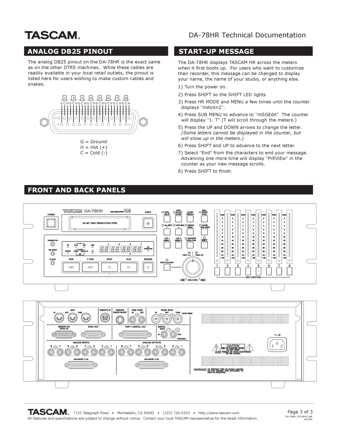 Tascam DA-78HR specifications Analog DB25 Pinout, Front and Back Panels, START-UP Message 