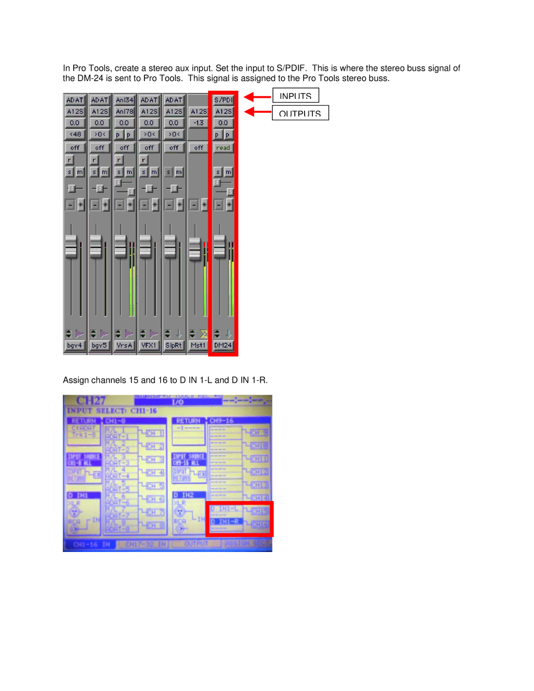 Tascam Digi 001 manual Assign channels 15 and 16 to D in 1-L and D in 1-R 