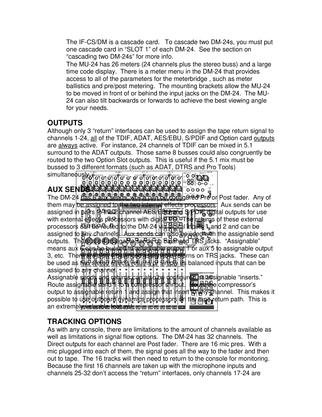 Tascam DM-24 manual Outputs, AUX Sends, Tracking Options 