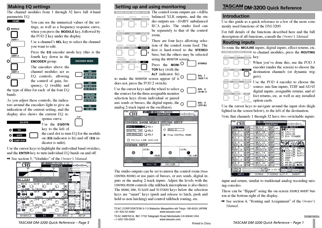 Tascam manual Making EQ settings, Setting up and using monitoring, » DM-3200 Quick Reference Introduction 