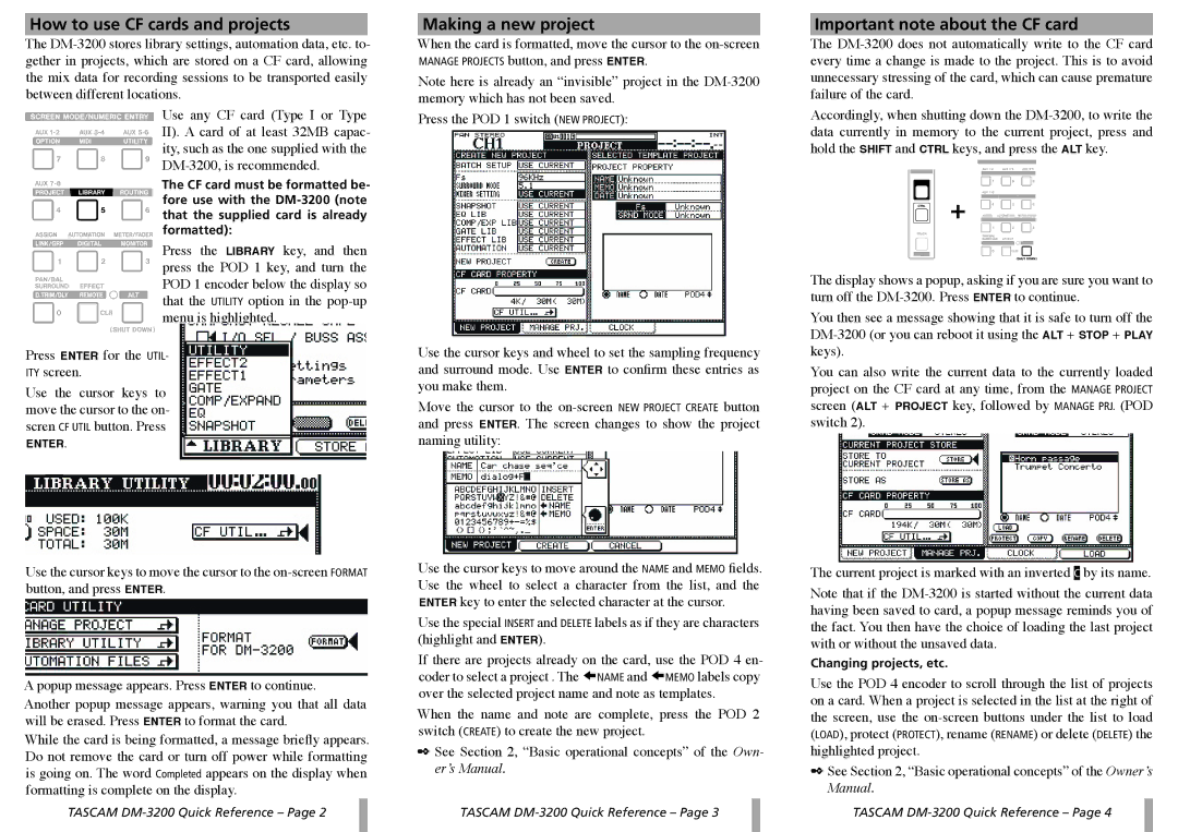 Tascam DM-3200 manual How to use CF cards and projects, Making a new project, Important note about the CF card 