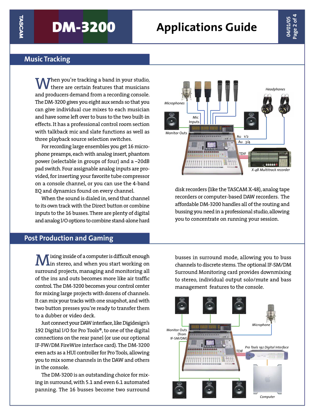 Tascam DM-3200 manual Music Tracking, Post Production and Gaming 