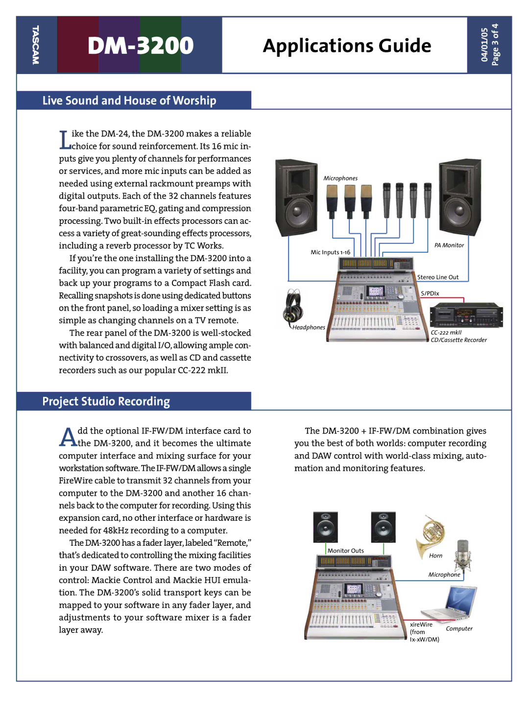 Tascam DM-3200 manual Live Sound and House of Worship, Project Studio Recording 