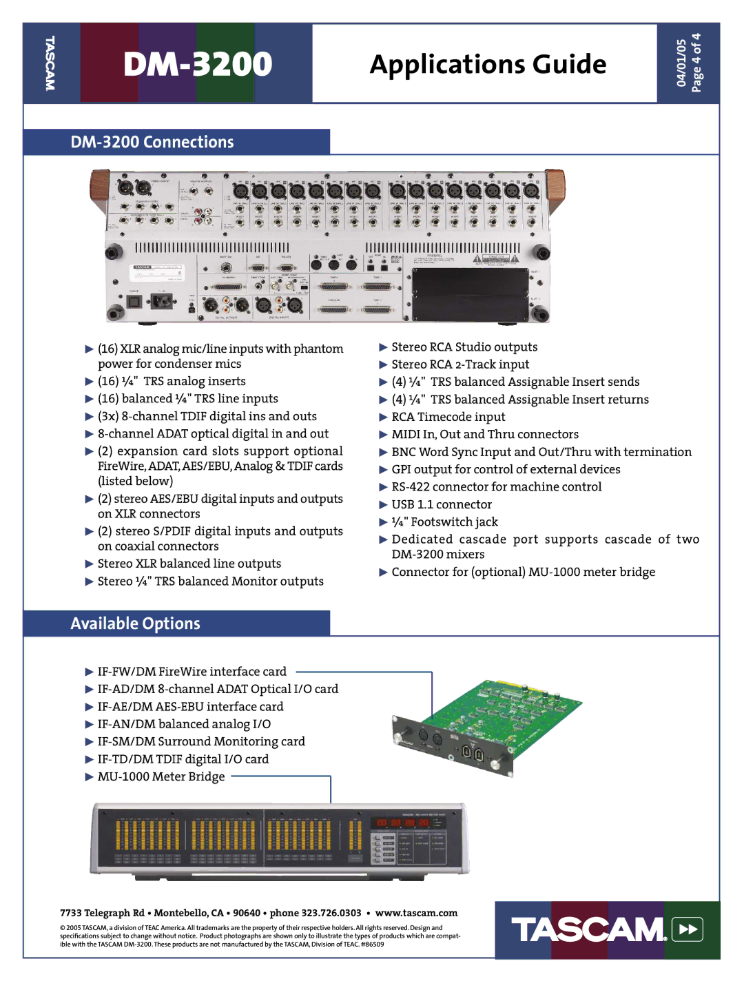 Tascam manual DM-3200 Connections, Available Options 