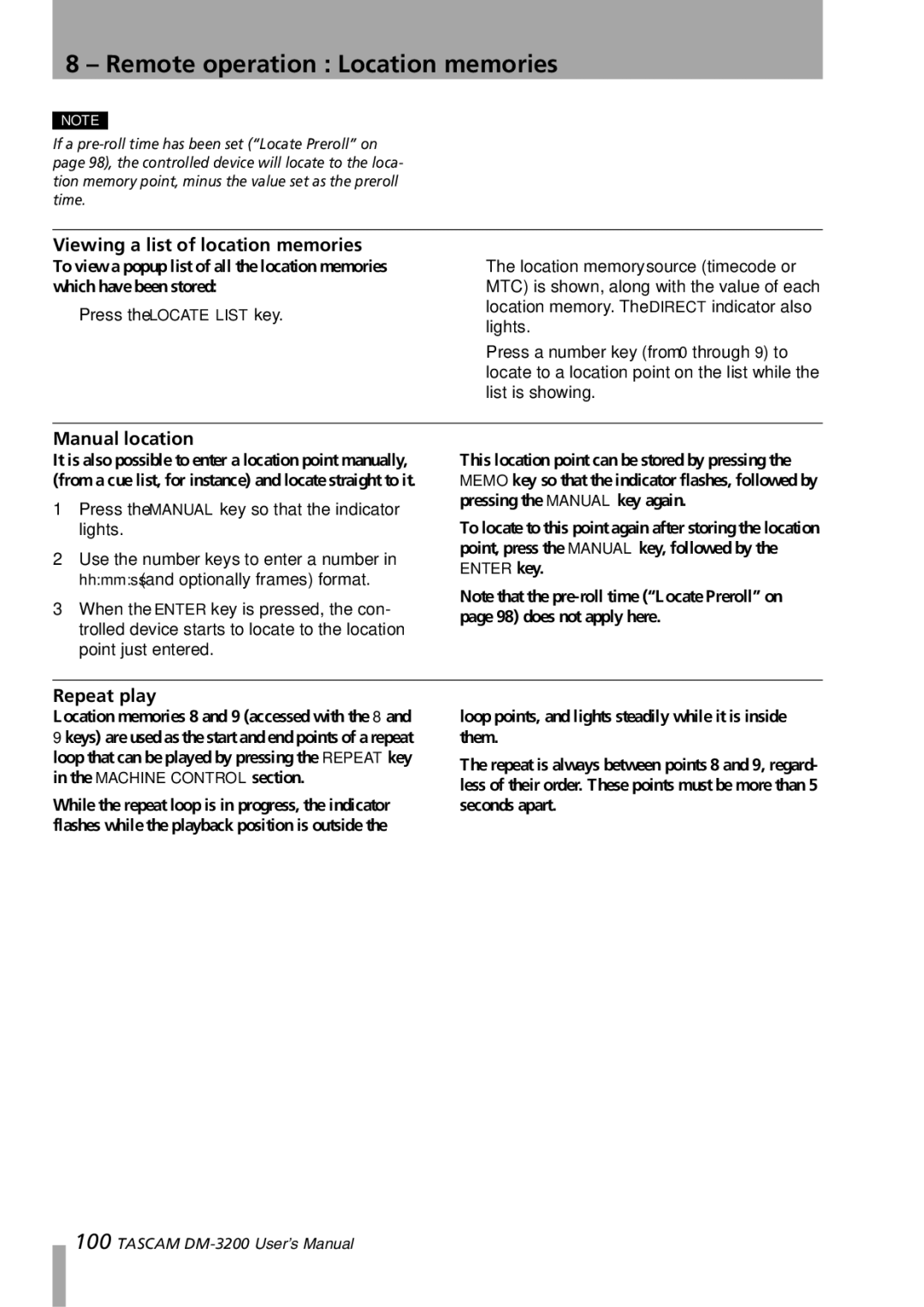 Tascam DM-3200 owner manual Viewing a list of location memories, Manual location, Repeat play 