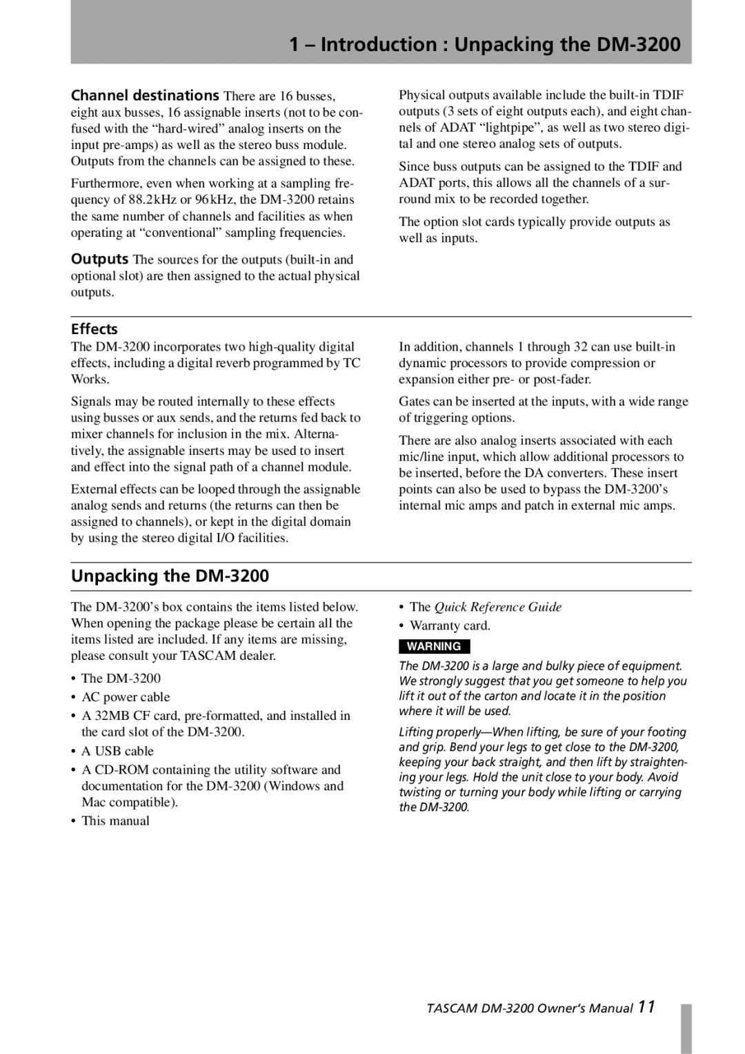 Tascam owner manual Introduction Unpacking the DM-3200 