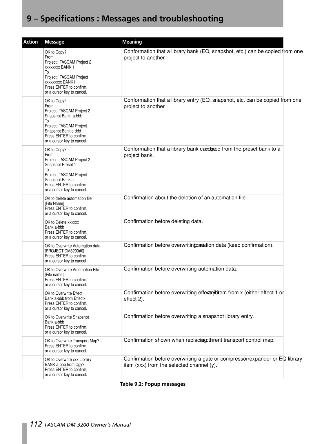Tascam DM-3200 owner manual Project to another, Project bank, Confirmation about the deletion of an automation file 