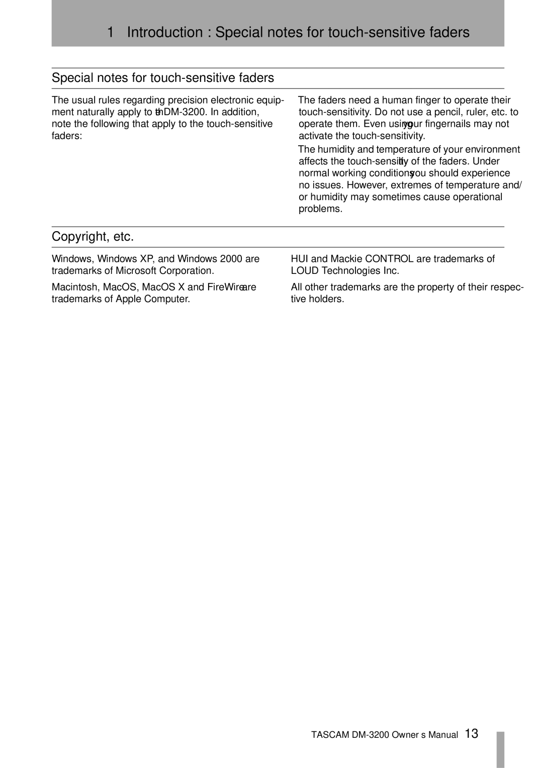 Tascam DM-3200 owner manual Introduction Special notes for touch-sensitive faders, Copyright, etc 