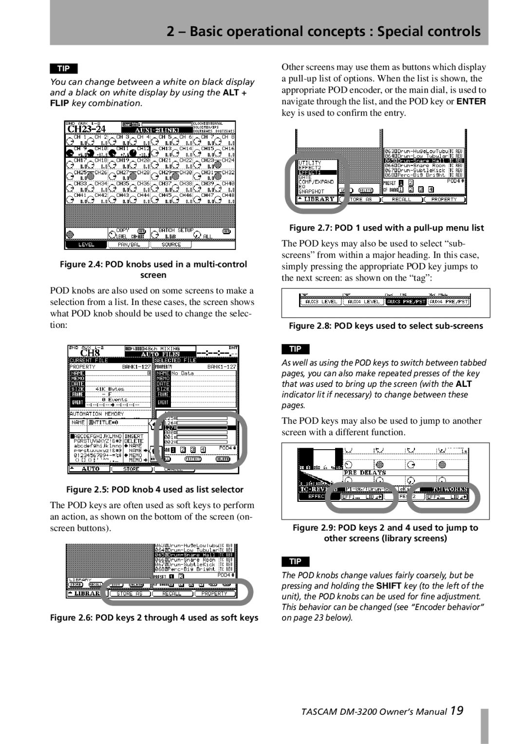 Tascam DM-3200 owner manual POD knobs used in a multi-control Screen 