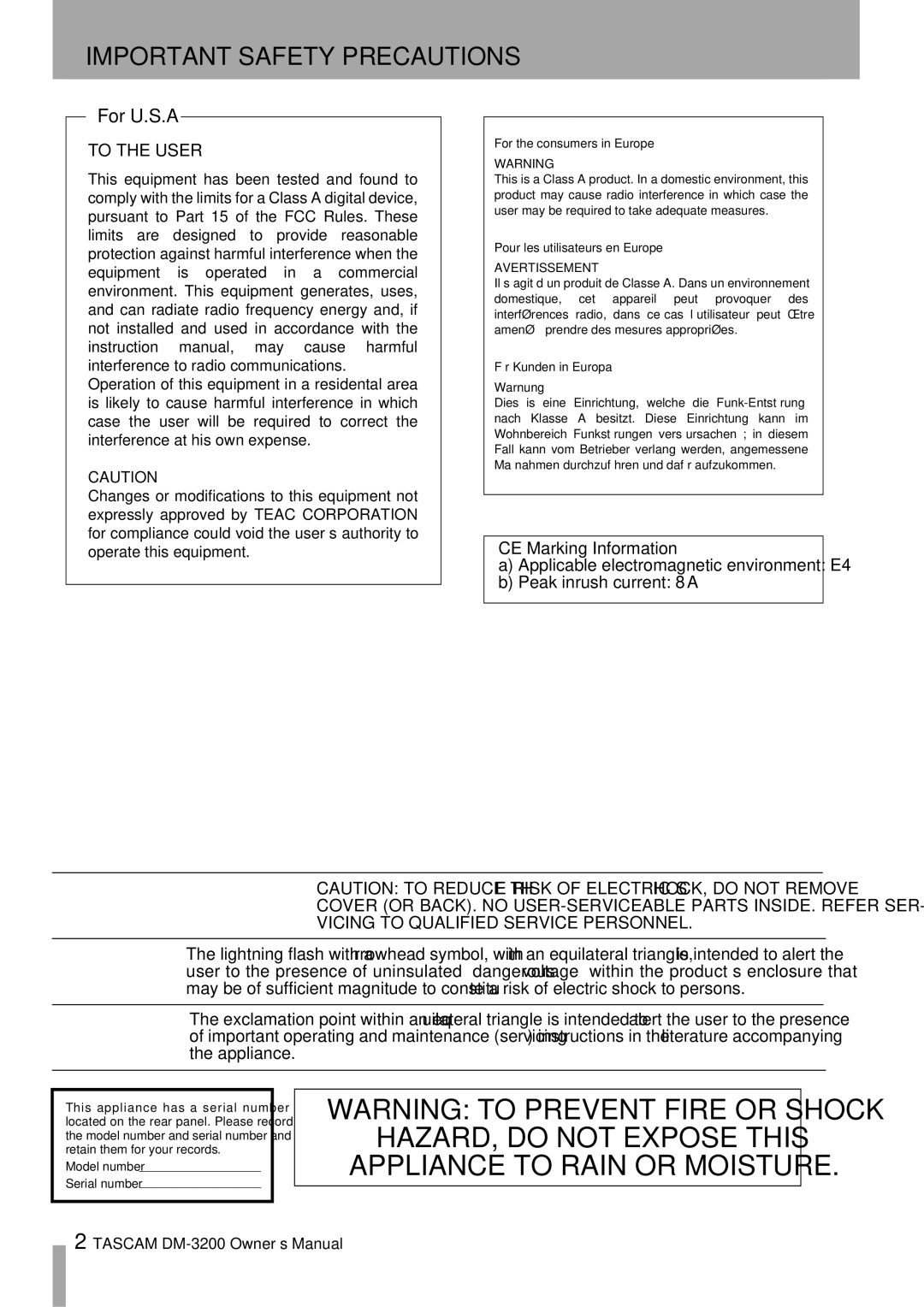 Tascam DM-3200 owner manual HAZARD, do not Expose this Appliance to Rain or Moisture 