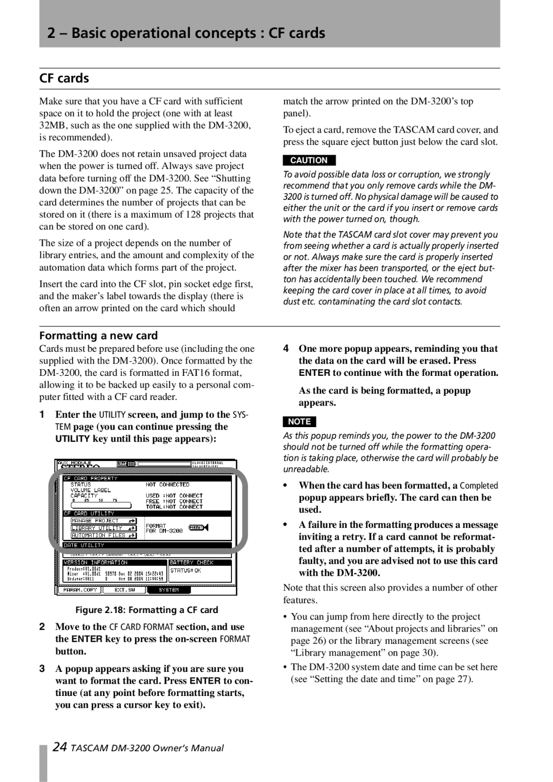 Tascam DM-3200 owner manual Basic operational concepts CF cards, Formatting a new card 