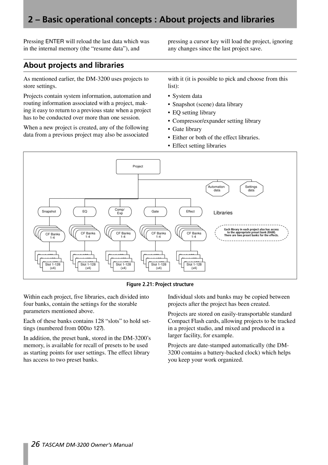 Tascam DM-3200 owner manual Basic operational concepts About projects and libraries 