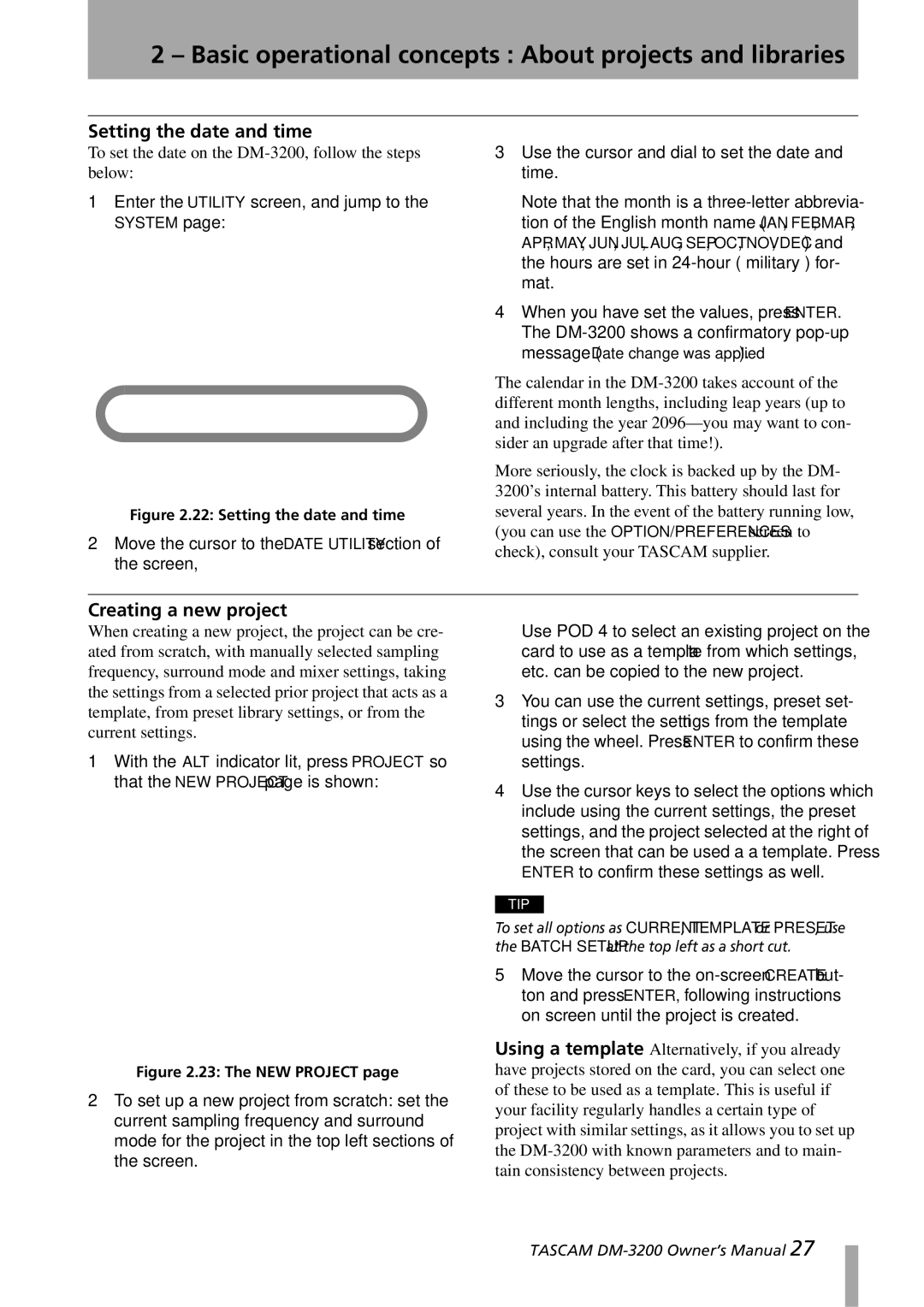 Tascam DM-3200 owner manual Setting the date and time, Creating a new project, System 