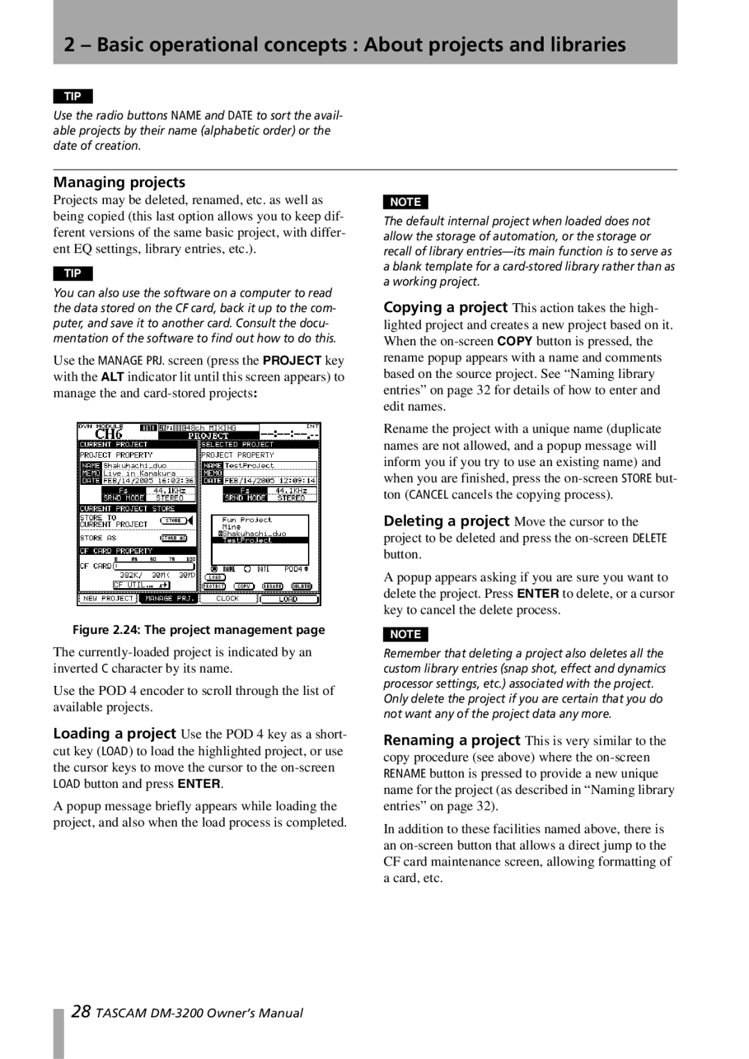 Tascam DM-3200 owner manual Managing projects, The project management 