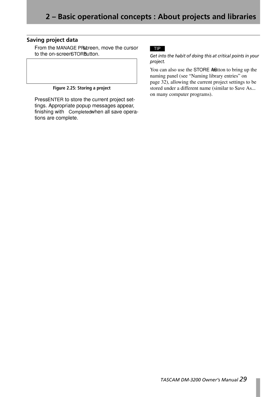 Tascam DM-3200 owner manual Saving project data, Storing a project 