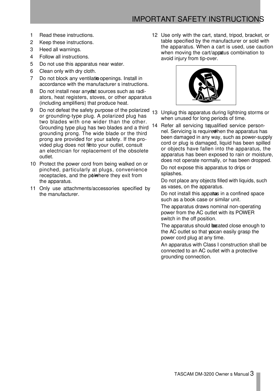 Tascam DM-3200 owner manual Important Safety Instructions 