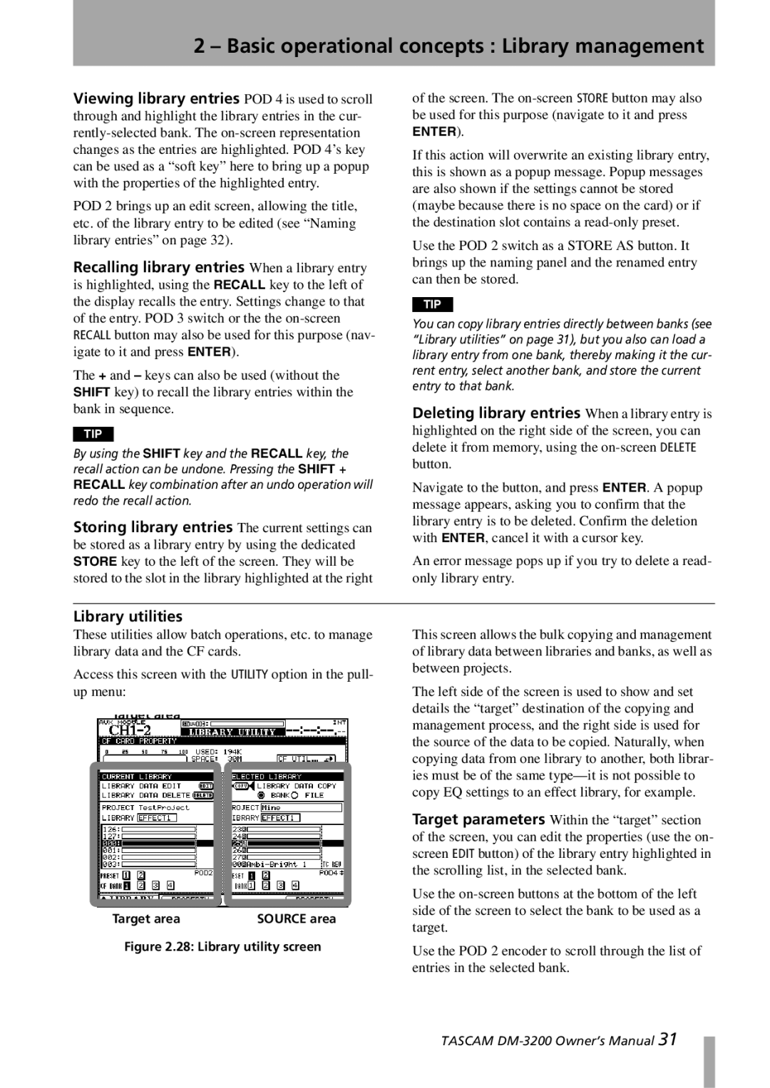 Tascam DM-3200 owner manual Library utilities, Target area Target areaSOURCE area 