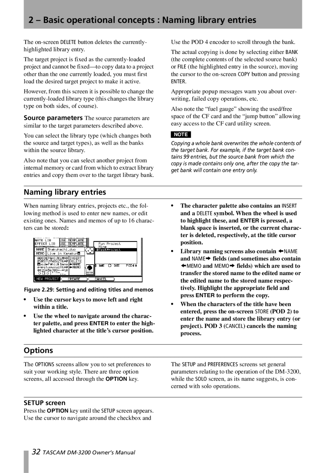 Tascam DM-3200 owner manual Basic operational concepts Naming library entries, Options, Setup screen 