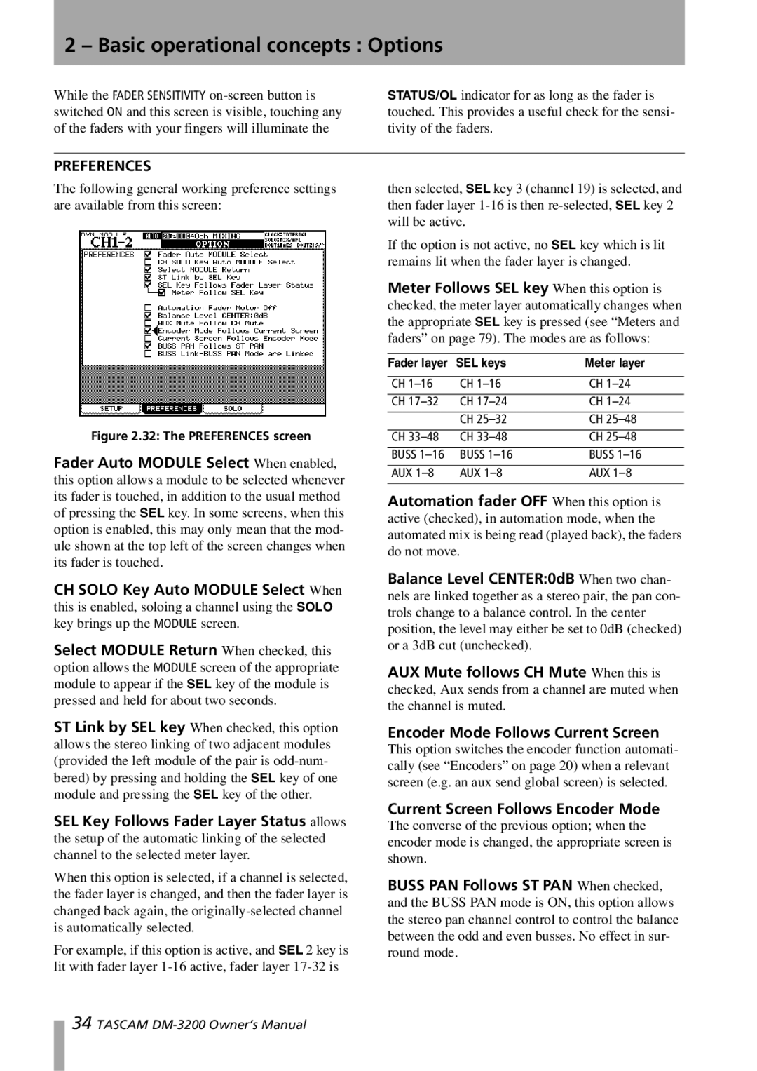 Tascam DM-3200 Encoder Mode Follows Current Screen, Current Screen Follows Encoder Mode, SEL keys Meter layer, Buss AUX 