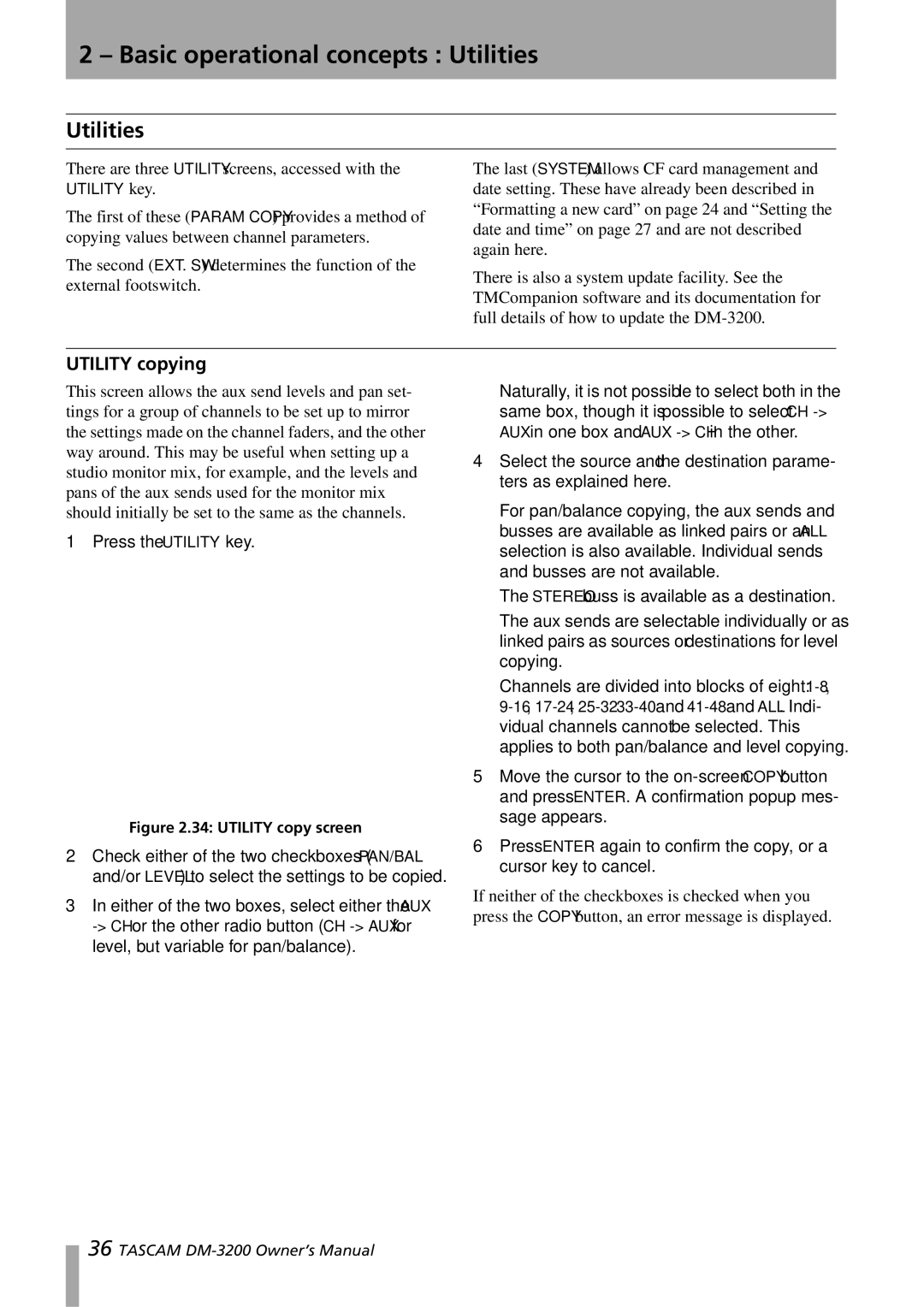 Tascam DM-3200 owner manual Basic operational concepts Utilities, Utility copying 