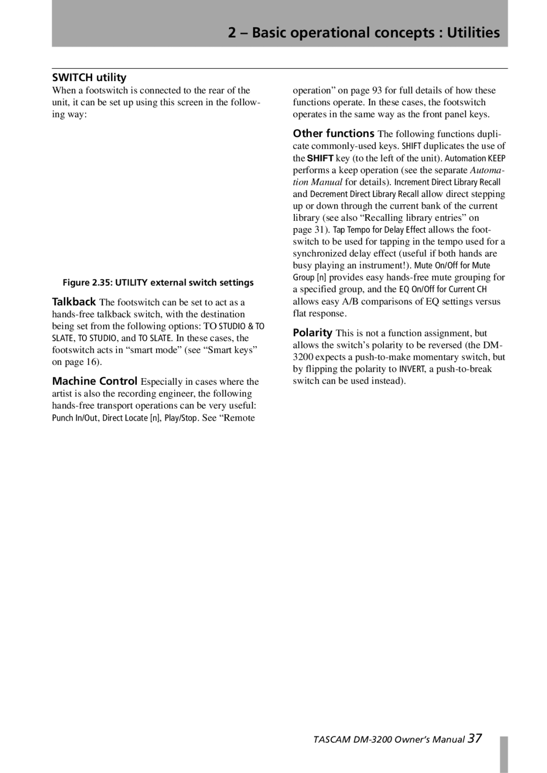 Tascam DM-3200 owner manual Switch utility, Utility external switch settings 