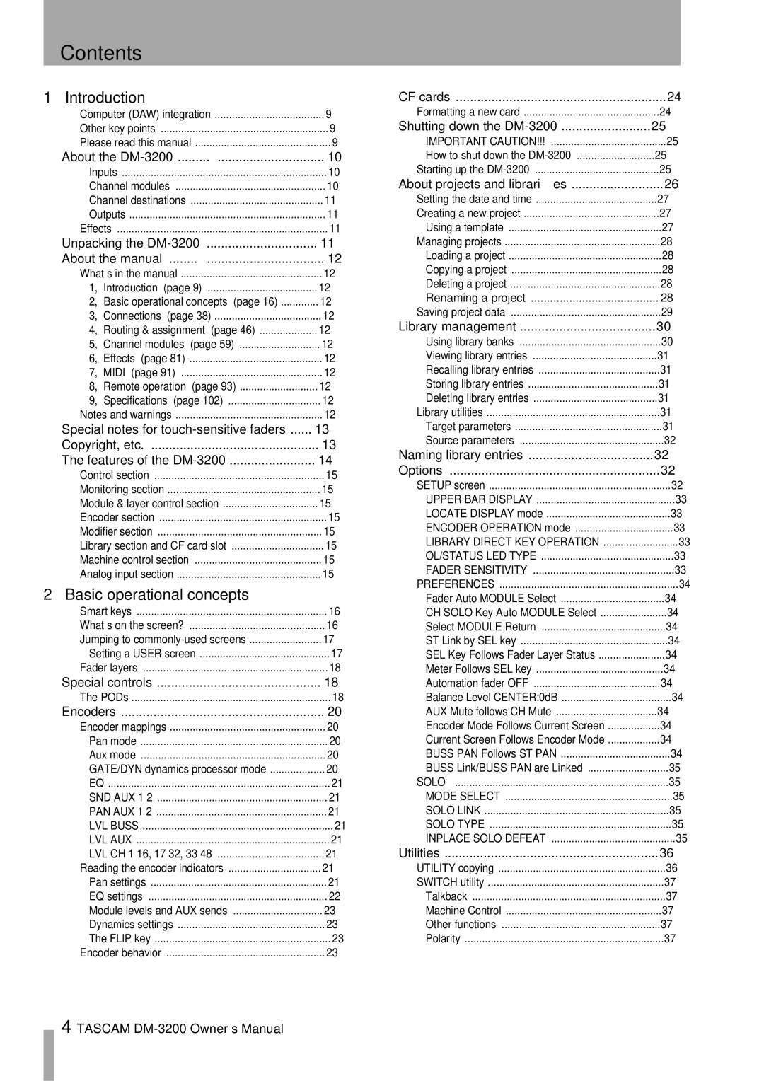 Tascam DM-3200 owner manual Contents 