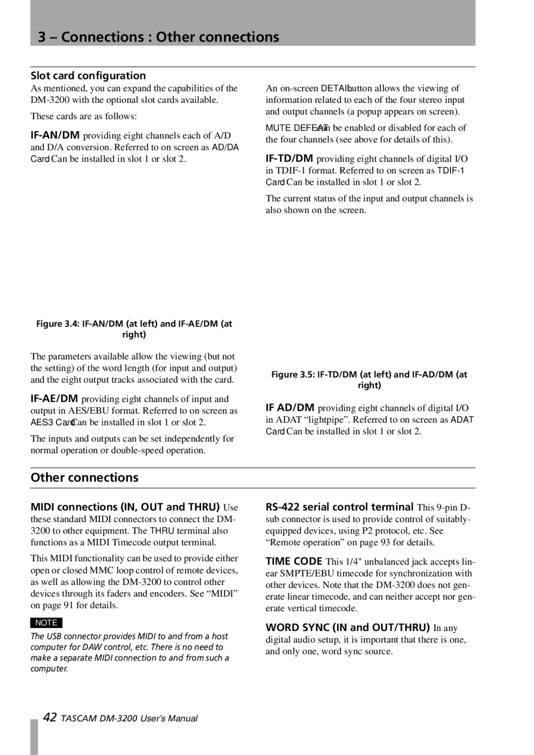 Tascam DM-3200 owner manual Connections Other connections, Slot card configuration 