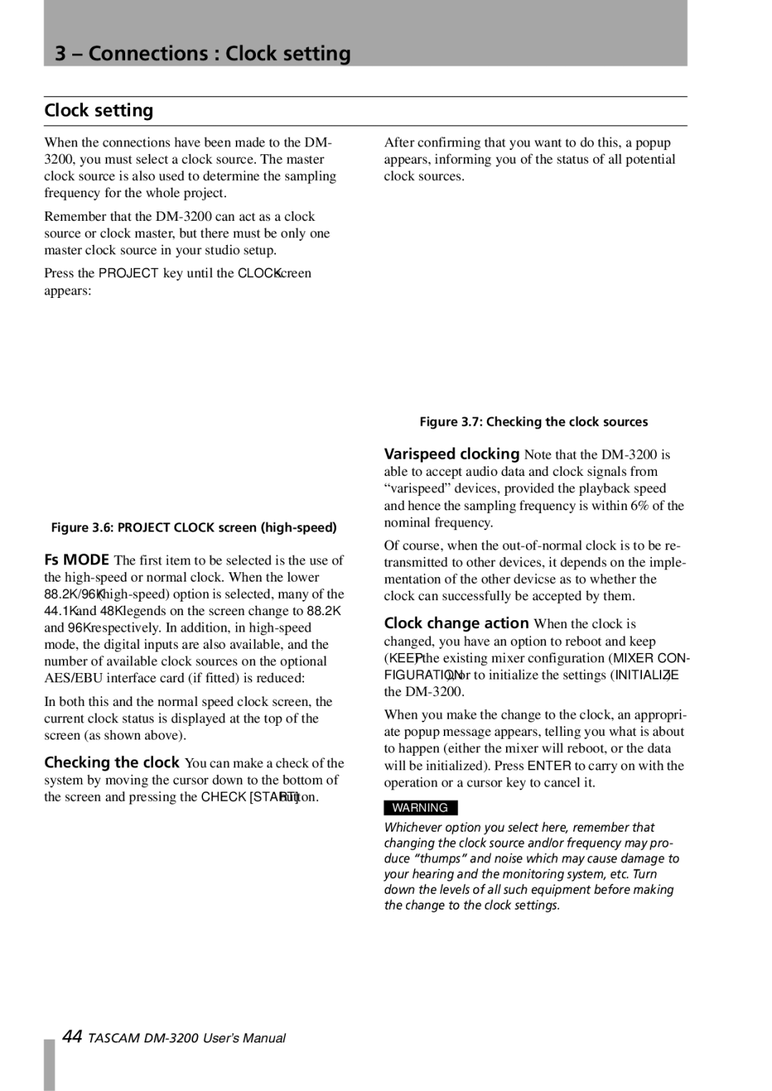 Tascam DM-3200 owner manual Connections Clock setting 