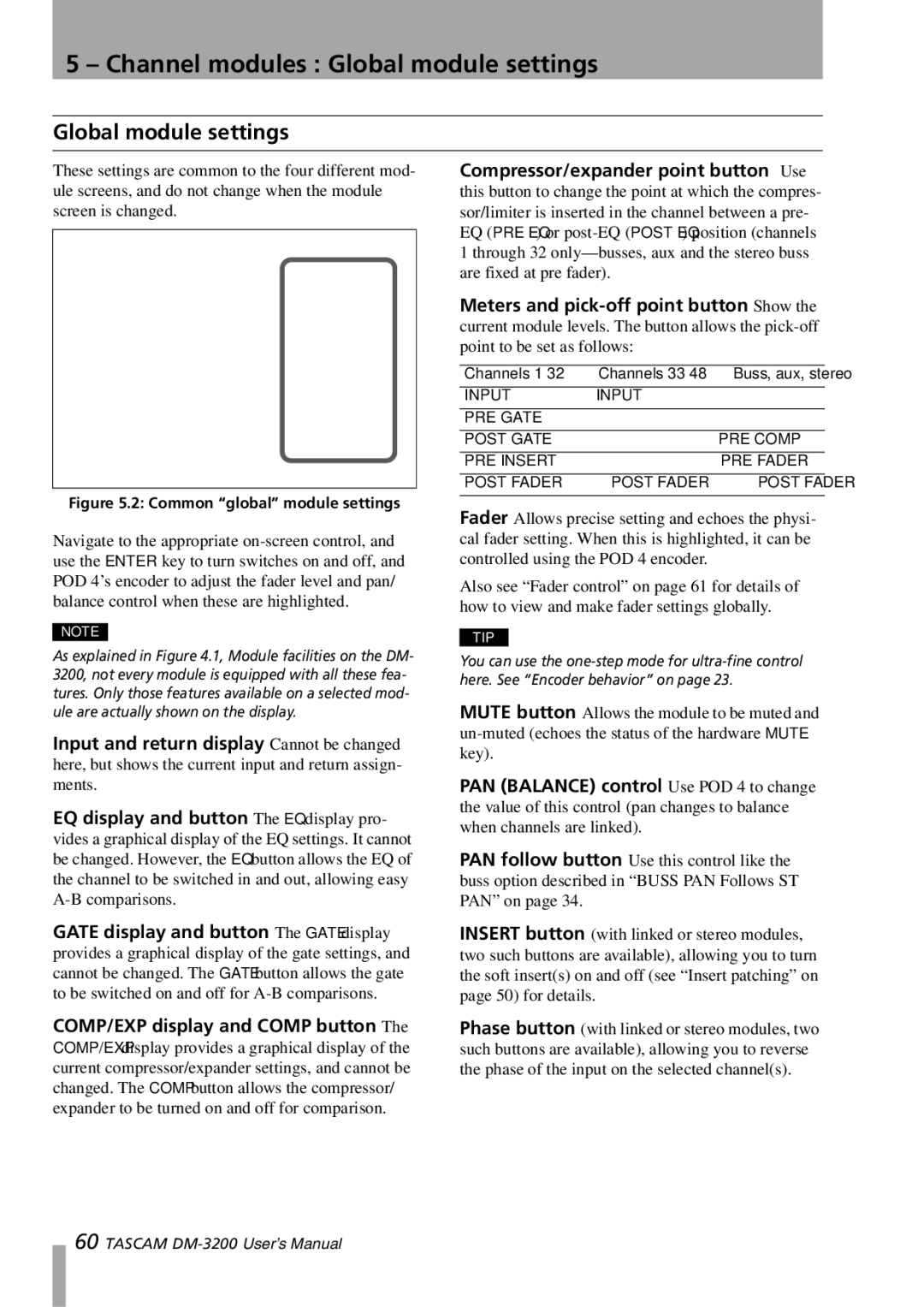 Tascam DM-3200 owner manual Channel modules Global module settings, Channels 