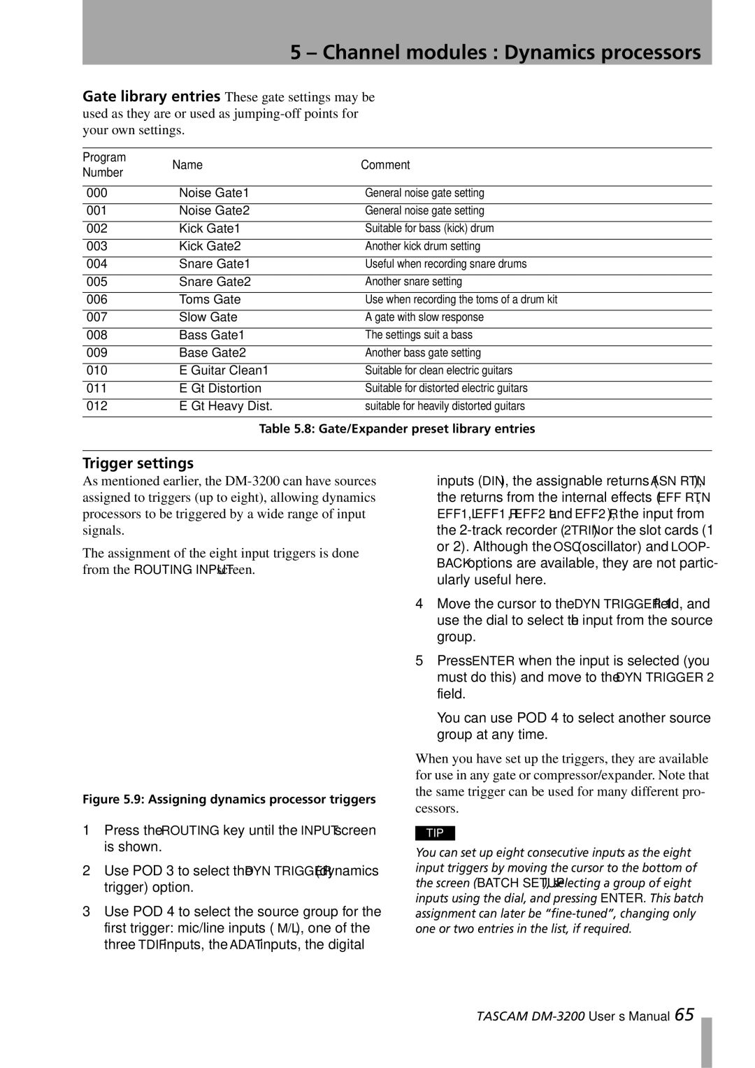 Tascam DM-3200 owner manual Trigger settings, Assigning dynamics processor triggers 