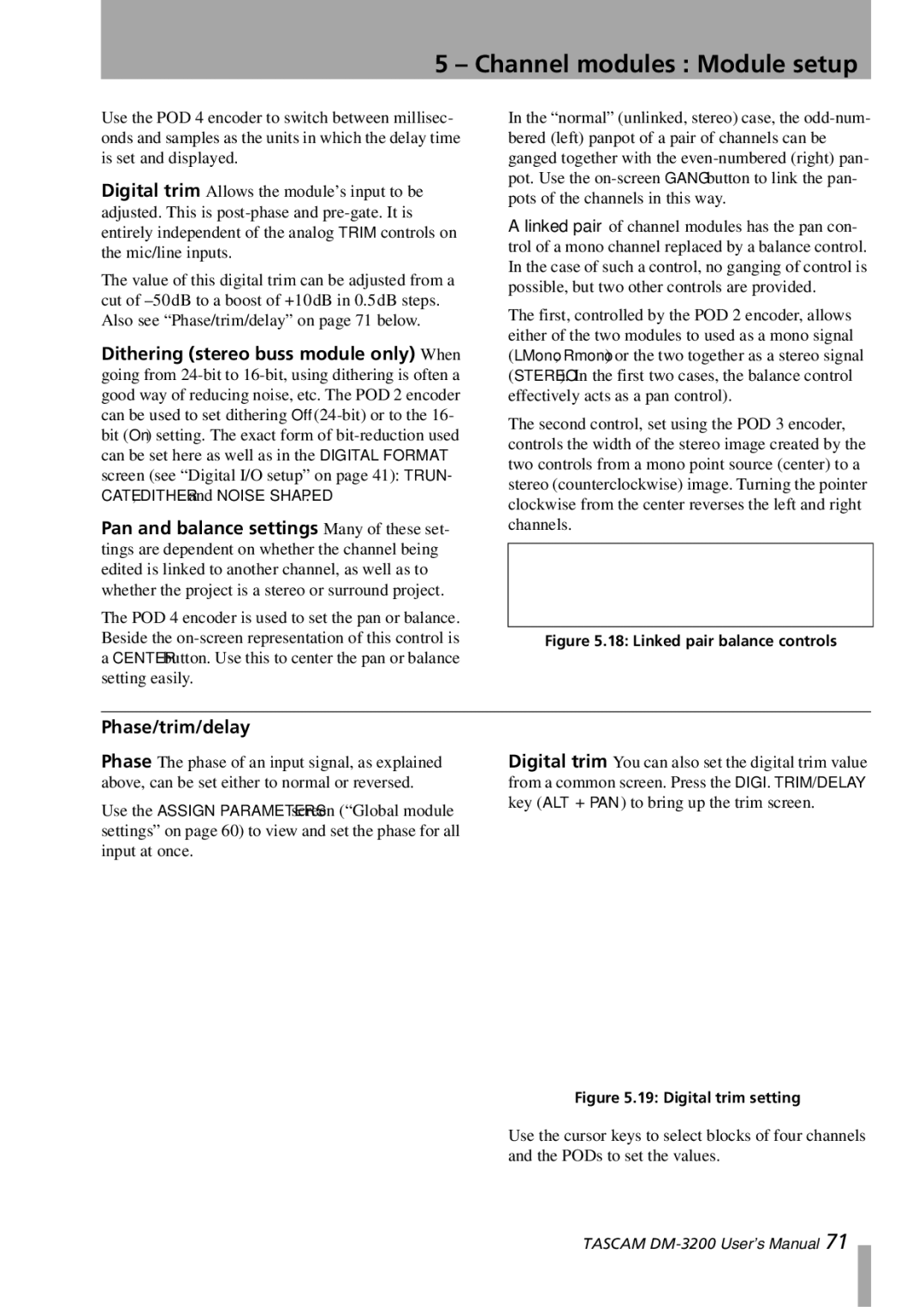 Tascam DM-3200 owner manual Phase/trim/delay, Linked pair balance controls 