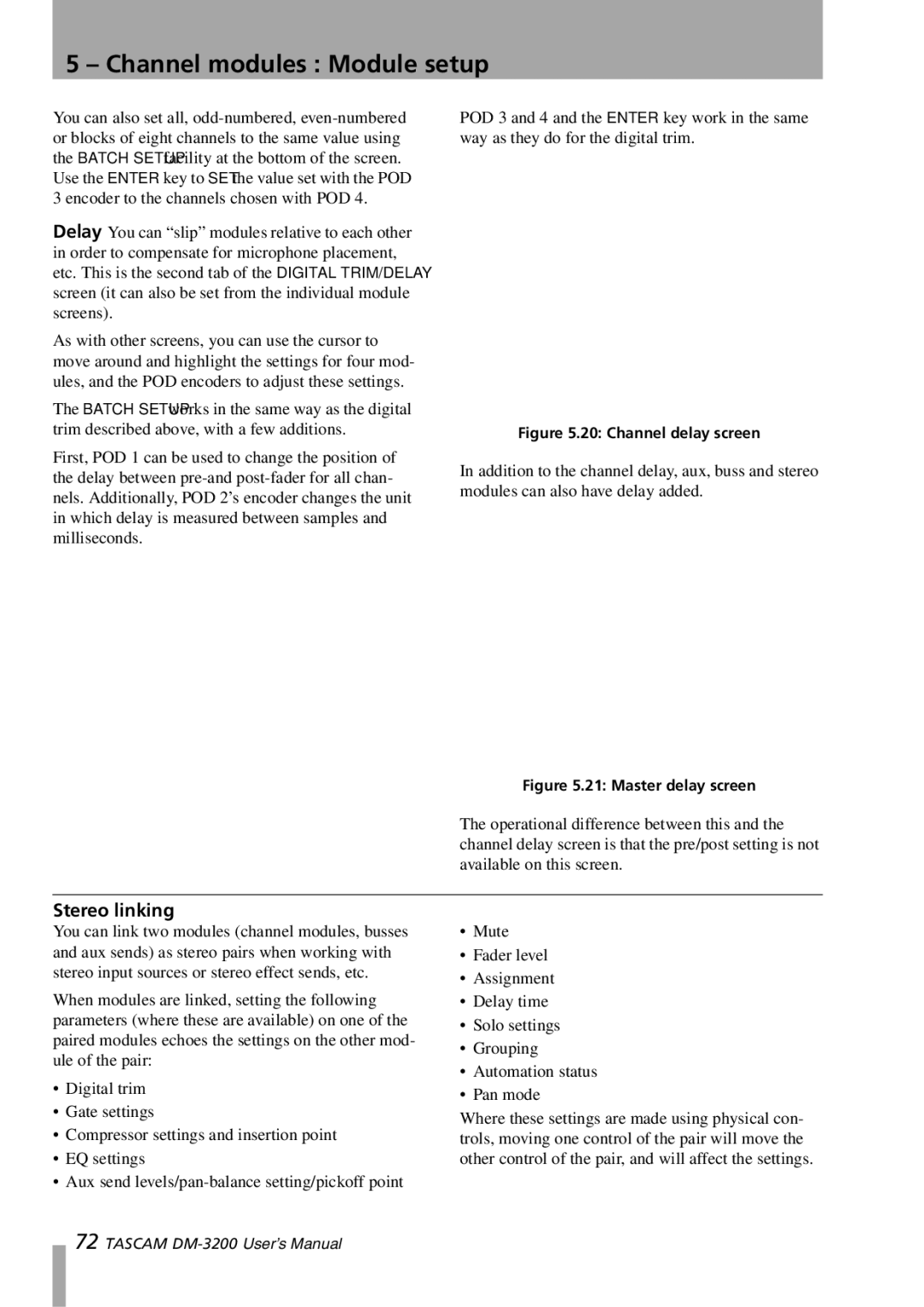 Tascam DM-3200 owner manual Stereo linking, Channel delay screen 