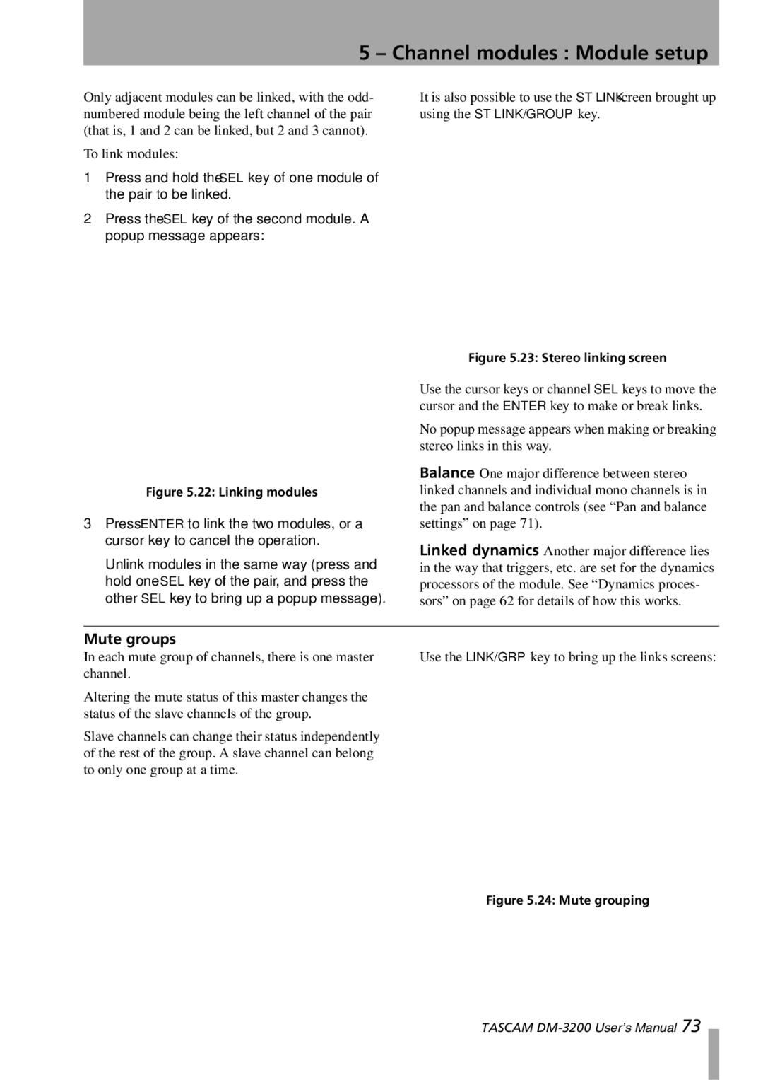 Tascam DM-3200 owner manual Mute groups, Linking modules 