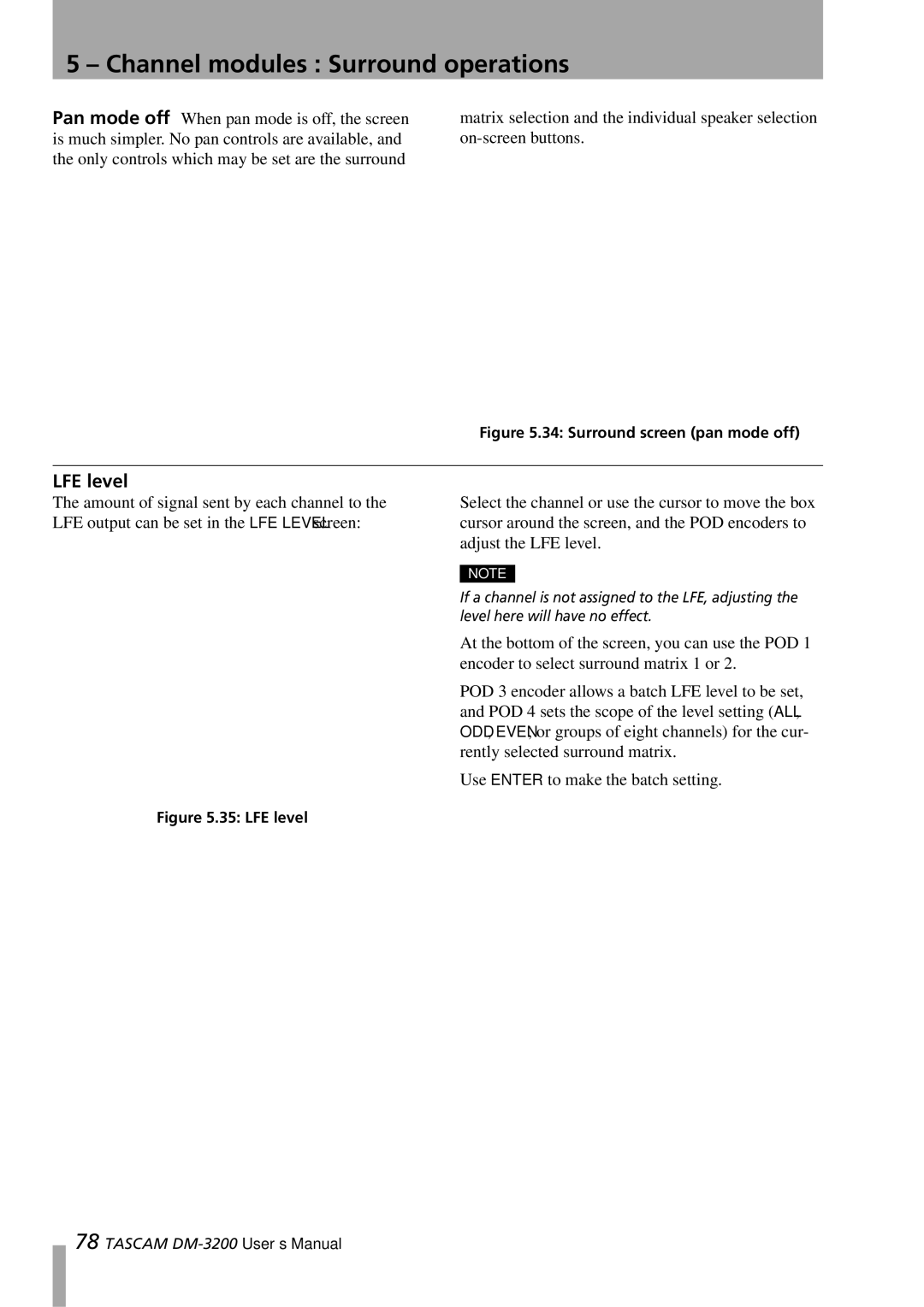 Tascam DM-3200 owner manual LFE level, Surround screen pan mode off 