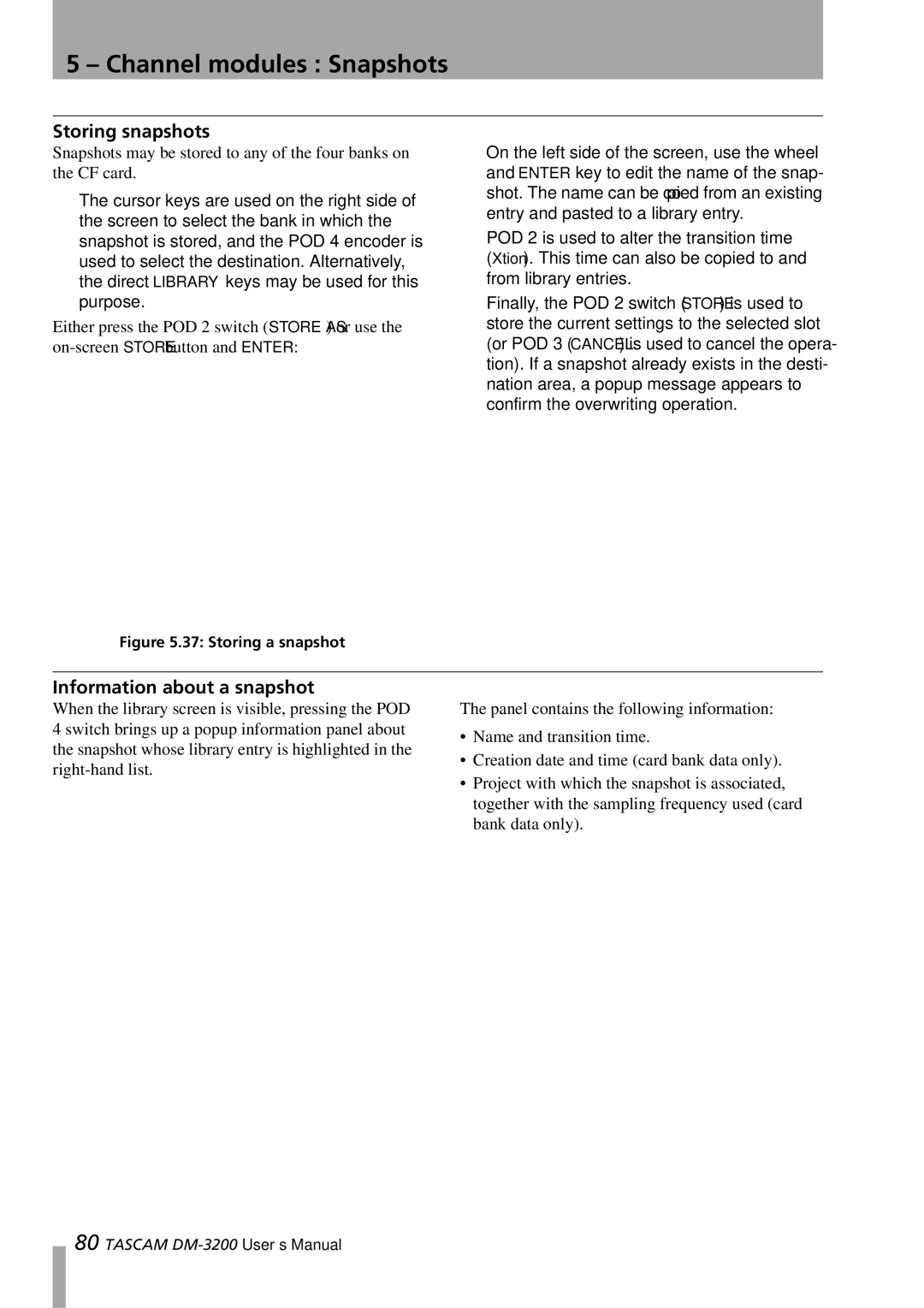 Tascam DM-3200 owner manual Storing snapshots, Information about a snapshot 