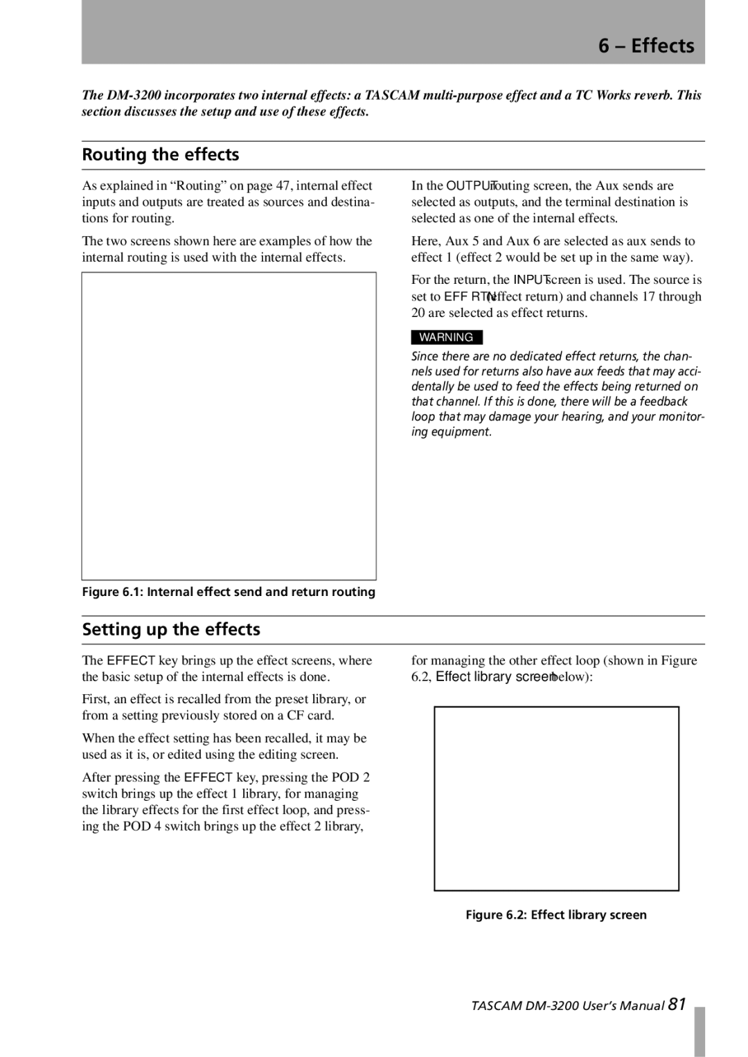 Tascam DM-3200 owner manual Effects, Routing the effects, Setting up the effects 