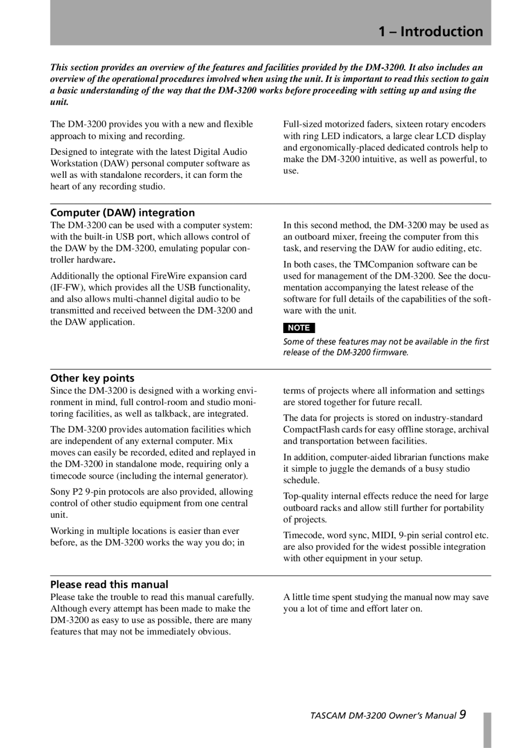 Tascam DM-3200 owner manual Introduction, Computer DAW integration, Other key points, Please read this manual 