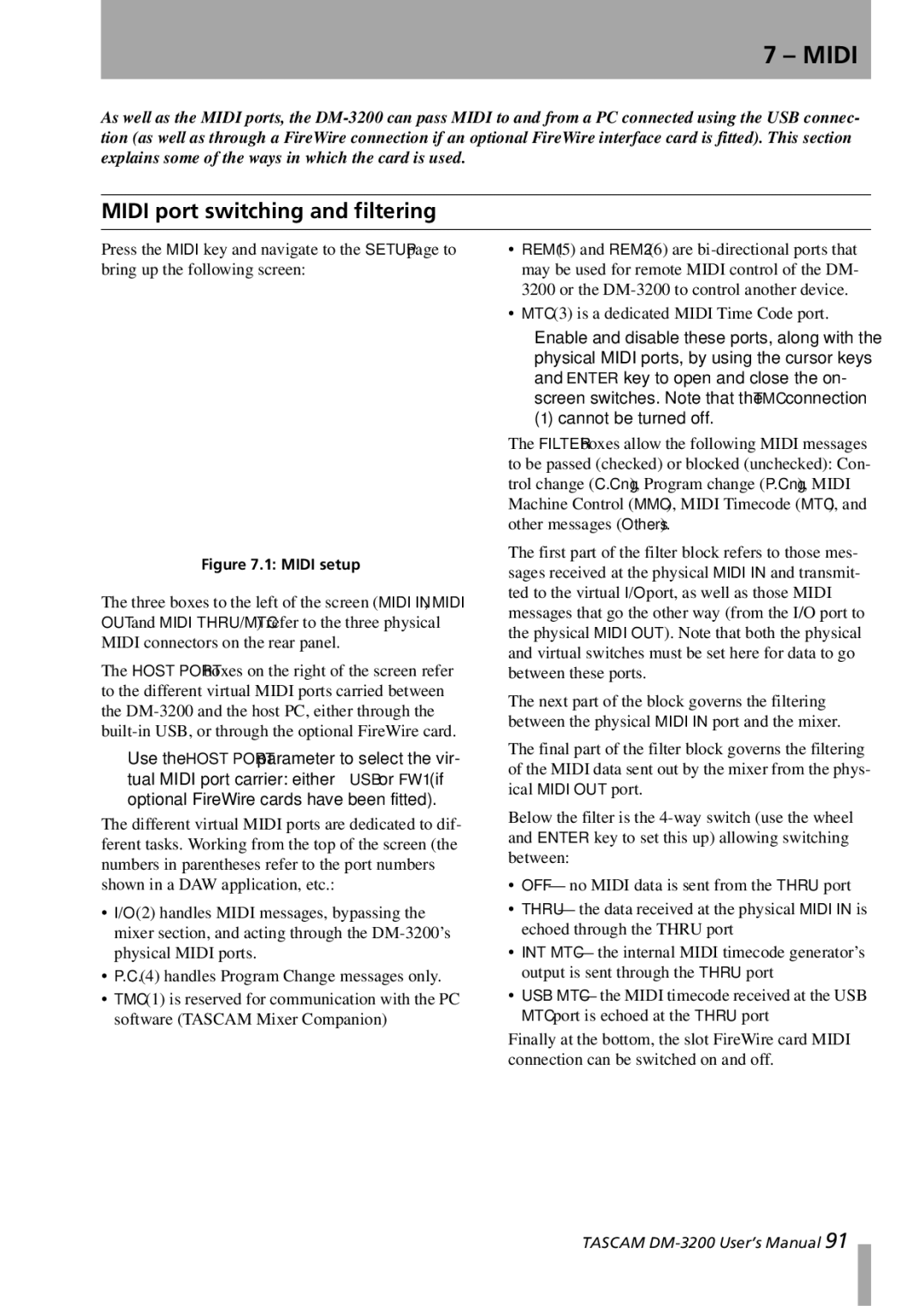 Tascam DM-3200 owner manual Midi port switching and filtering 