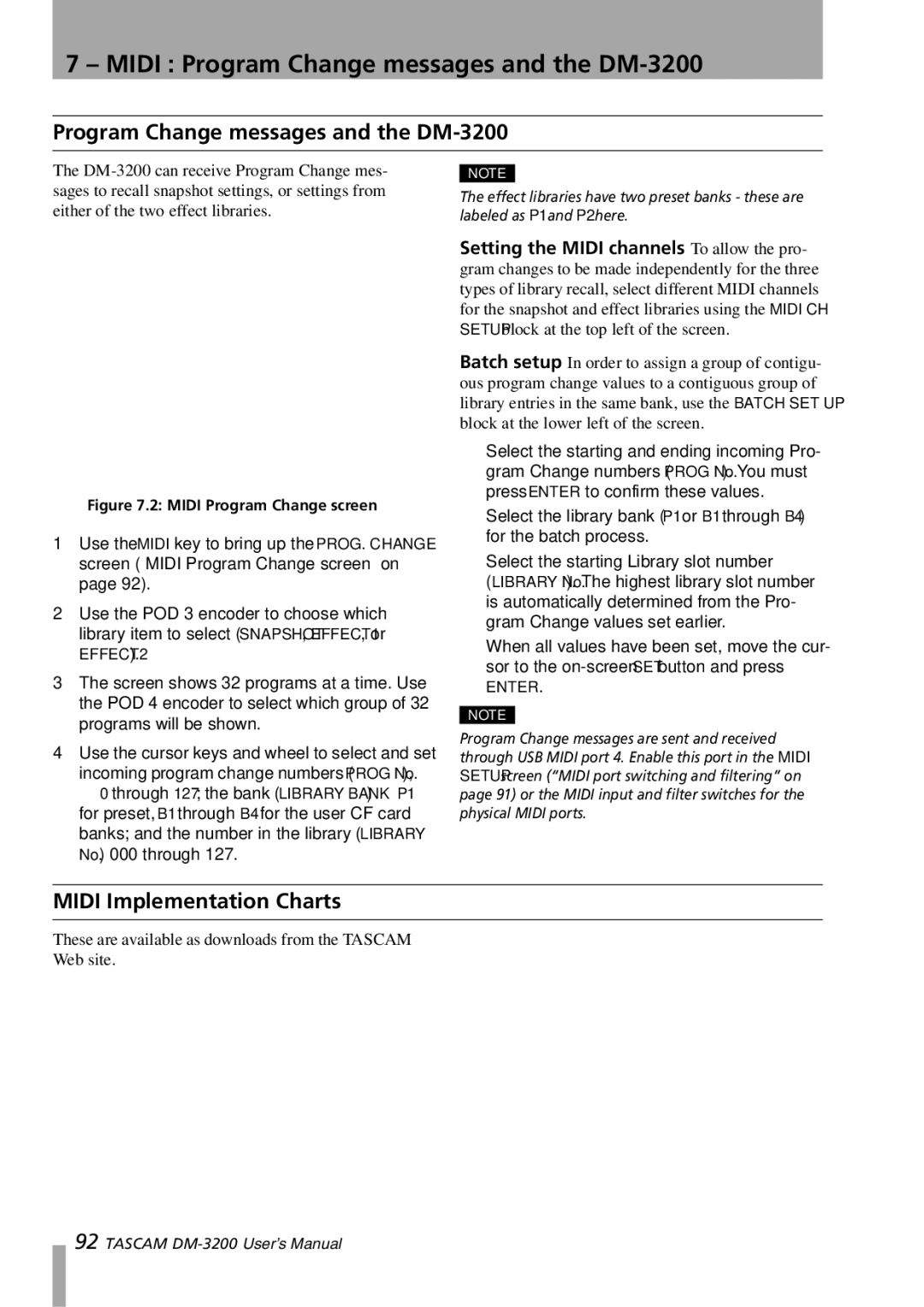 Tascam owner manual Midi Program Change messages and the DM-3200, Midi Implementation Charts 